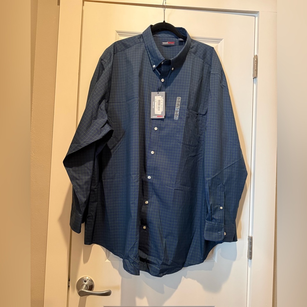 Men's Roundtree & Yorke Travel Smart Blue Green Plaid Long Sleeve Shirt Sz 3XB